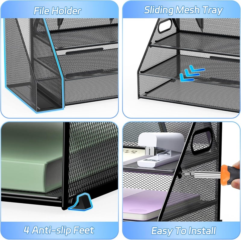 Docnest 3 Tier Metal Mesh Desk Organizer - Letter Tray with Built-in Pen Holder & Handle, Black - Image 5